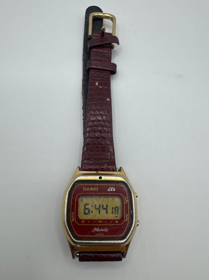 Casio Melody Vintage 1980s Digital Quartz Red Dial Gold Case red Leather Strap