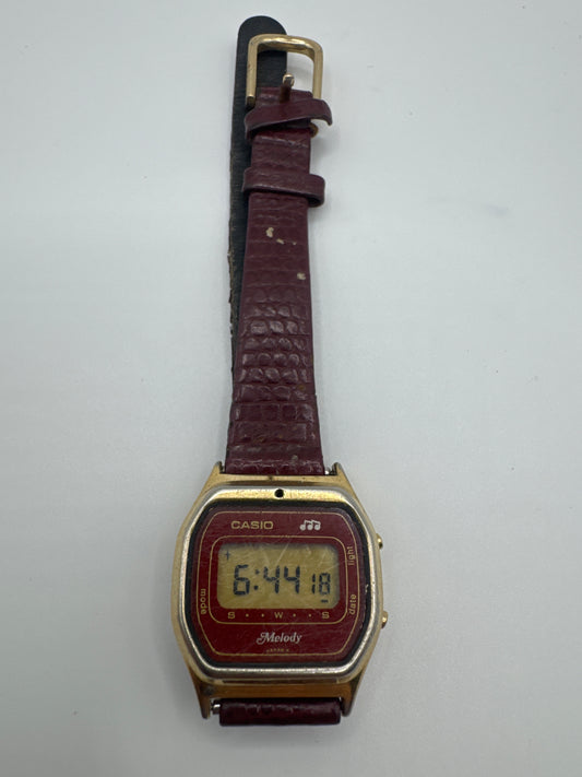 Casio Melody Vintage 1980s Digital Quartz Red Dial Gold Case red Leather Strap