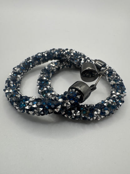 Silver-Toned Hoop Earrings Embedded with Sparkling Dark Blue and Iridescent Crystals