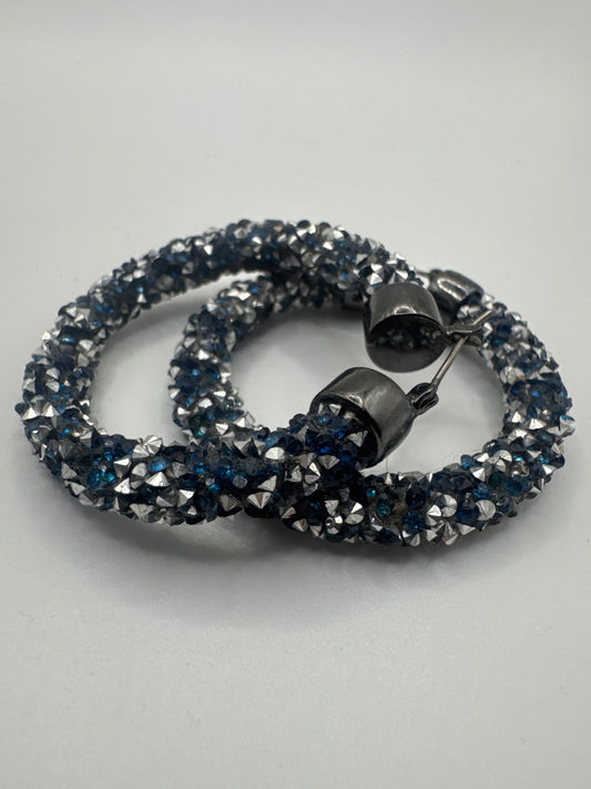 Silver-Toned Hoop Earrings Embedded with Sparkling Dark Blue and Iridescent Crystals