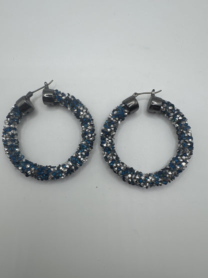 Silver-Toned Hoop Earrings Embedded with Sparkling Dark Blue and Iridescent Crystals
