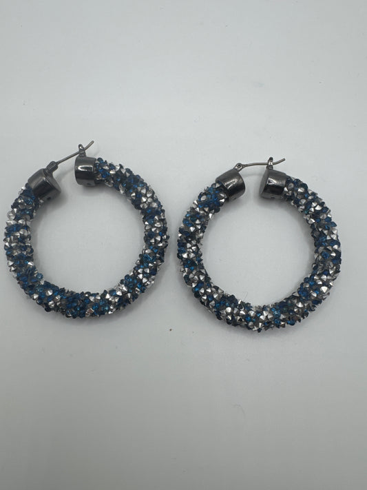 Silver-Toned Hoop Earrings Embedded with Sparkling Dark Blue and Iridescent Crystals