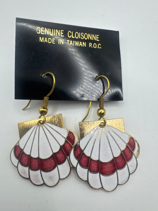Gold Toned Cloisonne Sea Shell Dangling Earrings