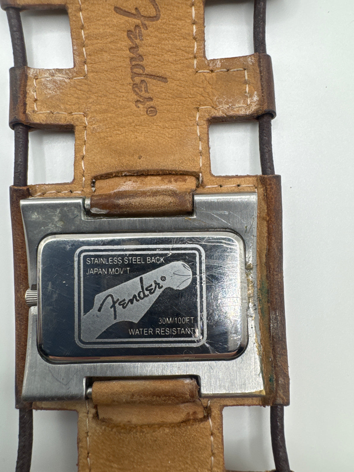 Fender Rectangle Silver Dial Quartz Watch Brown Leather Strap 30m/100Ft